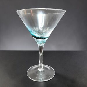 Pier 1 Teal Blue Crackle Glass Martini Glass 7 Inch Barware Single Cup Stem VTG